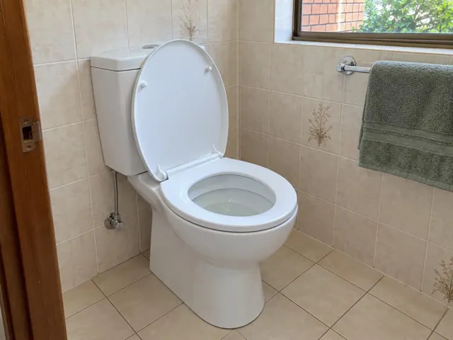 Clean white toilet in a tiled bathroom with towel rail and window in Glenhaven