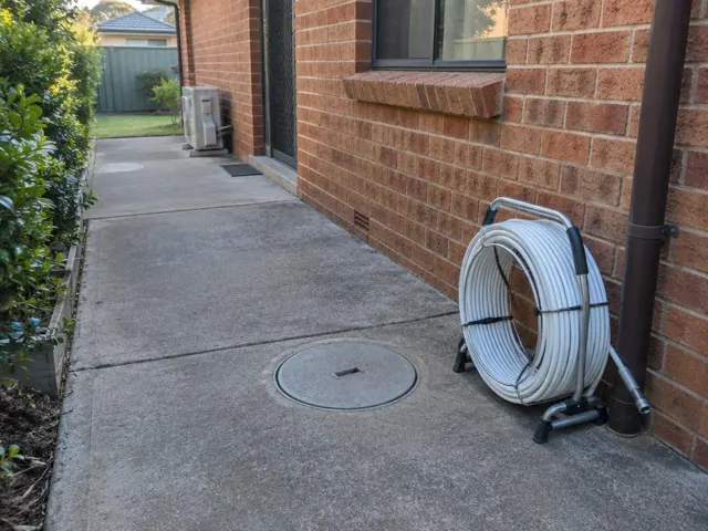 Round capped access cover in a concrete path beside a brick house in Rouse Hill